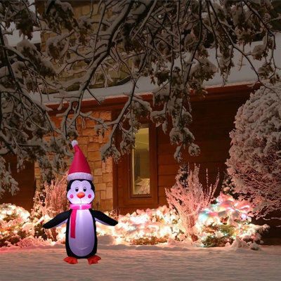 ProductWorks Candy Cane Lane Pre-Lit Nylon Inflatable Outdoor Christmas Decoration, Penguin
