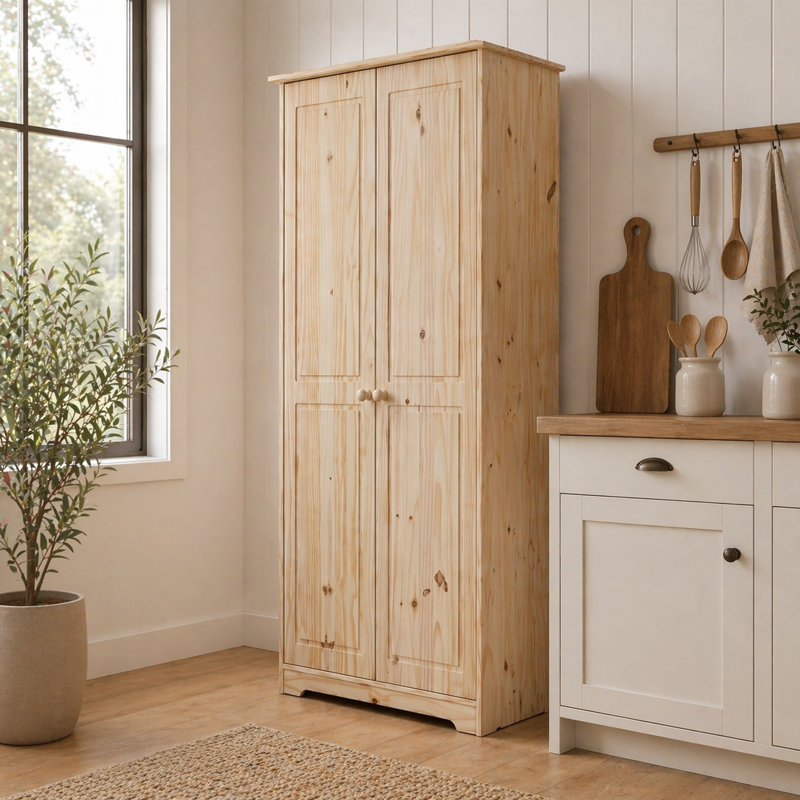 Solid Pine Pantry Cabinet, Unfinished Kitchen Storage Cabinet with Adjustable Shelves, Tall Free-Standing Organizer for Pantry, Laundry Room or Garage
