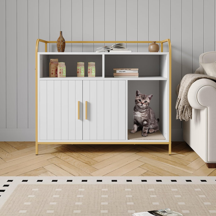 Enceinte de litière pour chat avec cadre et deux tablettes de rangement, litière cachée moderne pour chat, style table d'appoint