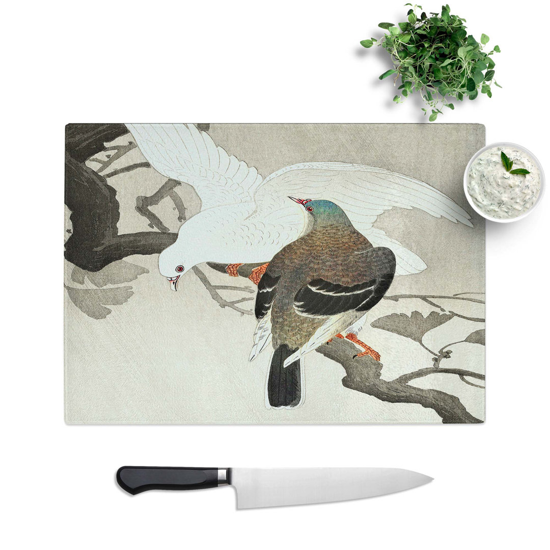 Tempered Glass Two Pigeons on a Branch by Ohara Koson Chopping Board
