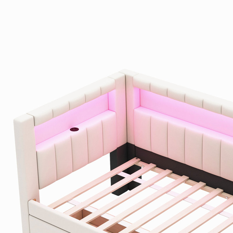 Lit plateforme simple tapissier avec port USB, lumière ambiante et base de rangement, Blanc