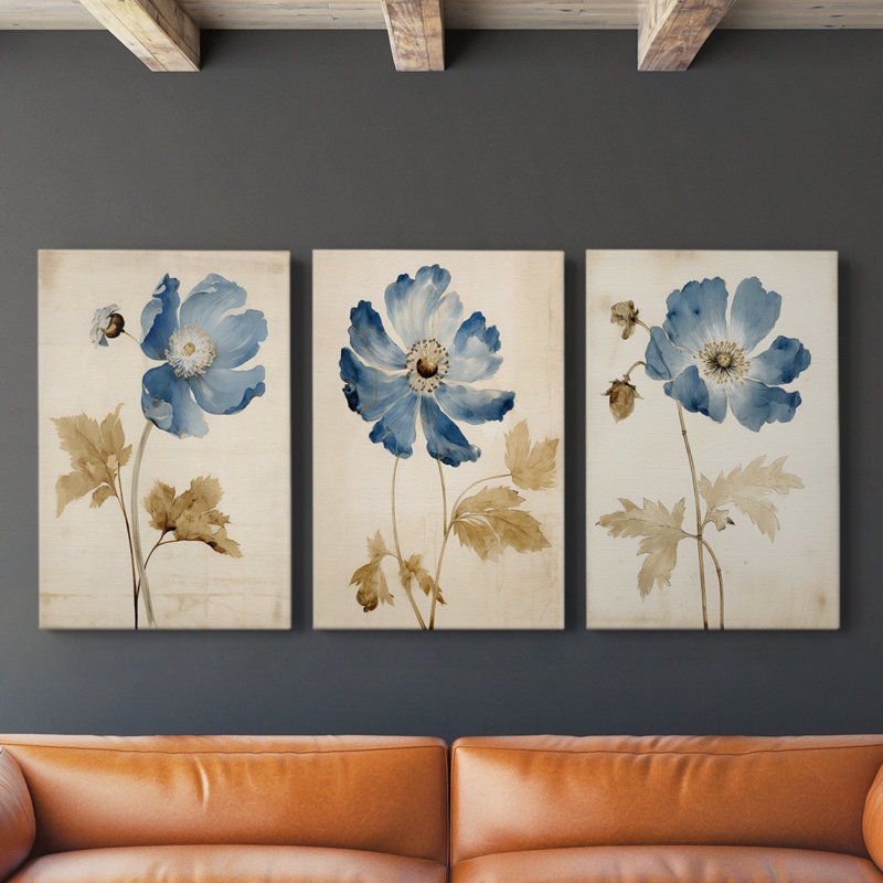 Étude florale série 11 - Ensemble de 3 toiles tendues avec châssis - Prêt à être accroché, H 36 po x l 24 po