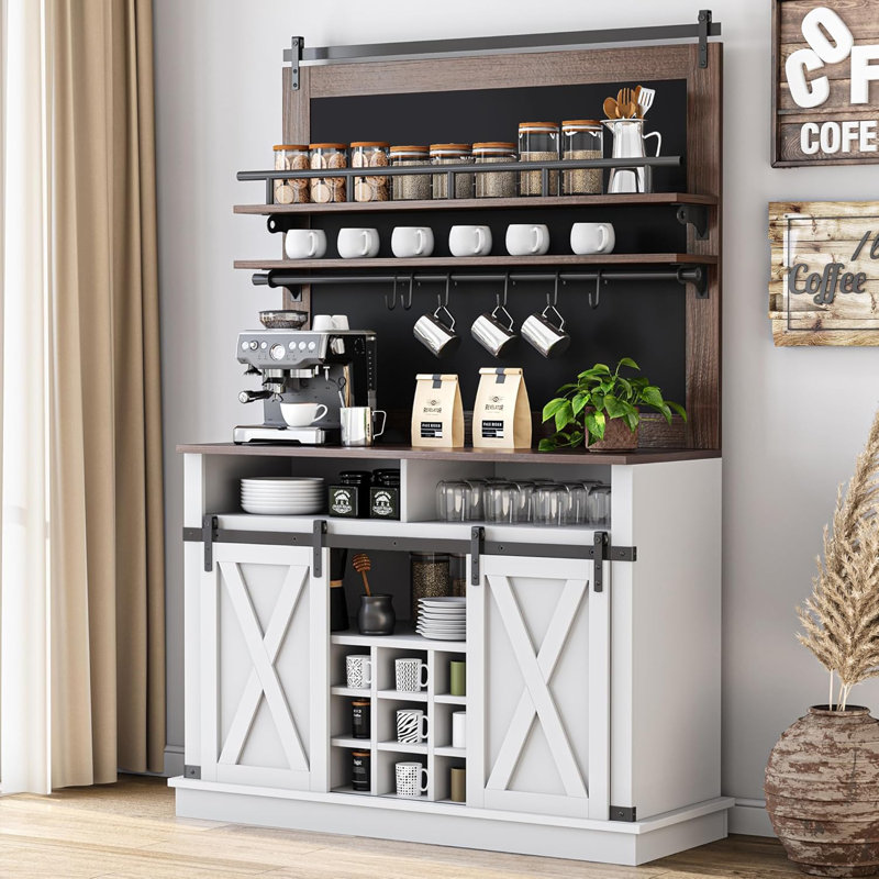 Bar Cabinet 75" Tall Coffee Hutch Large Kitchens Hutch Farmhouse Coffee Bar Cabinet Cupboard with Sliding Barn Door, White
