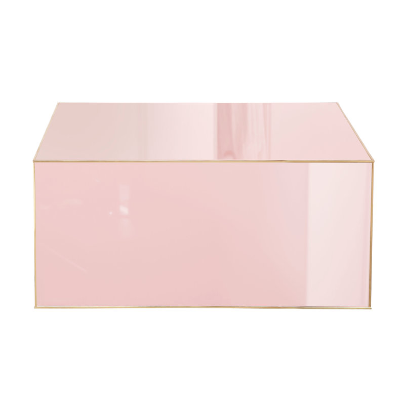 Pink Glass and Wood Square Coffee Table with Gold Borders