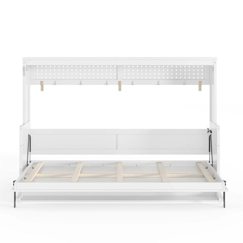  Lit escamotable avec bureau intégré, station de charge USB et lumières DEL pour petits espaces, Lit double, Blanc