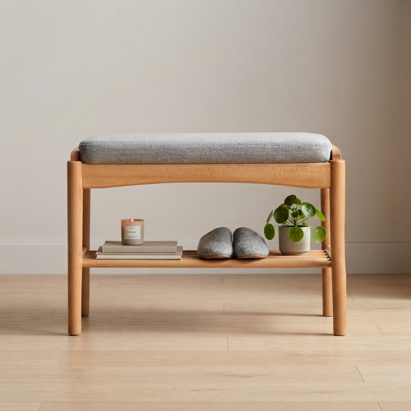 Banc à chaussures en bois massif naturel, banc de rangement moderne Mid-Century avec coussin éponge à rebond élevé