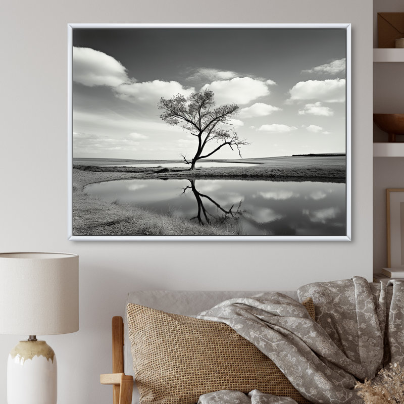 Photographie d'un arbre noir et blanc au bord du lac, Cadre flottant blanc, 12" H x 20" W