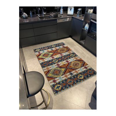 Tapis décoratif lavable rétro bleu à motif traditionnel