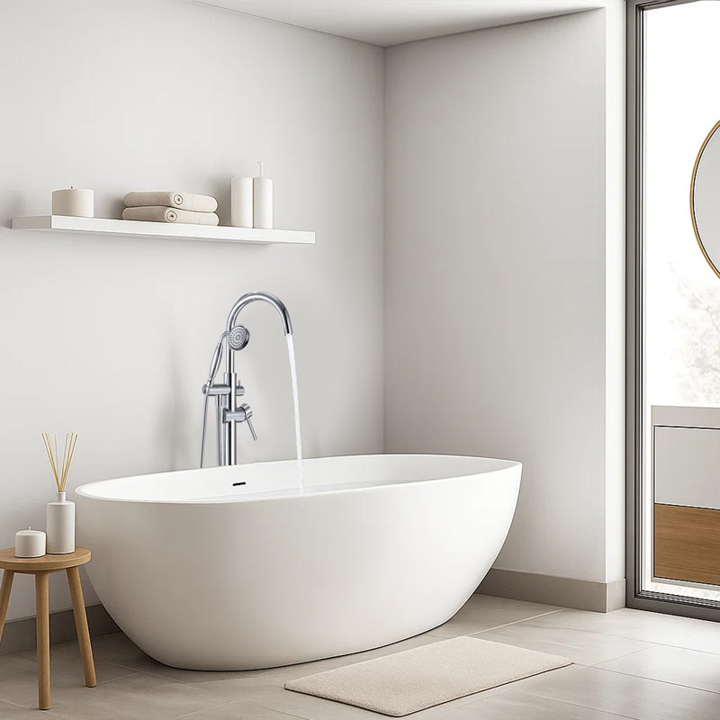 Robinet de baignoire autoportant au sol avec douche à main, conception ronde, 2 poignées en chrome, Chrome chrome