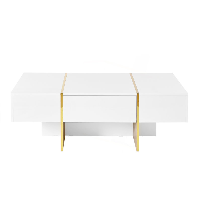 Table basse 47,2 "x 31,4" minimaliste ultrabrillante avec 2 tiroirs, table de canapé rectangulaire multi-rangement avec pieds en grain de bois doré, table centrale moderne pour le salon