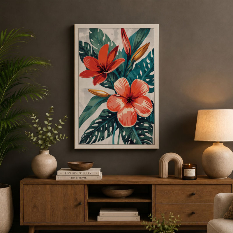 Monstera and Bloom Botanical - Wrapped Canvas, 24x16 - 61.0 x 40.6 cm, Taupe Border