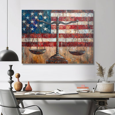 Symbolic Scales Of Justice Balance With USA Flag IV - USA Patriotist Metal Wall Art