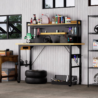 71''Adjustable Workbench with pegboard, Heavy Duty Wooden Desktop Workbench with Wheels, 1600 lb. Load Capacity, Rolling Workbench with AC/USB Outlet, Hooks, Shelf, for Garage, Workshop, Office, Home.
