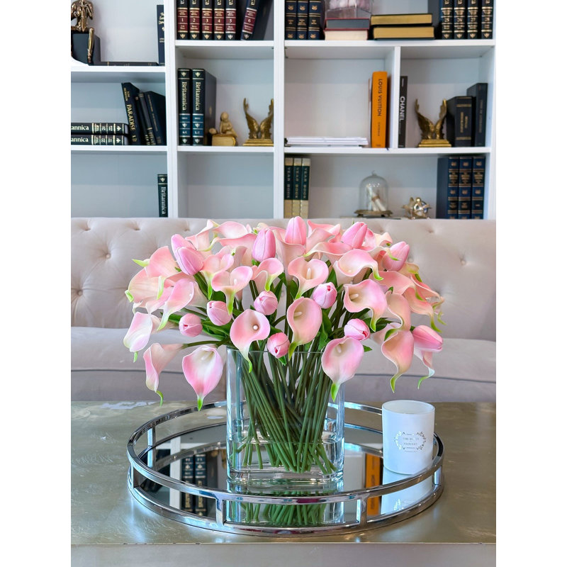 Pink Calla Lilies & Tulips Faux Floral Arrangement In Glass Vase