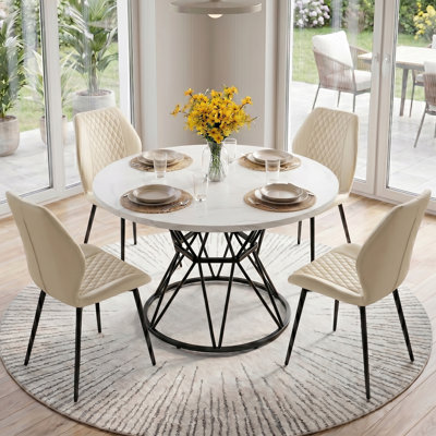 Donato 5-Piece Modern Dining Table Set, 47" Round Manufactured Wood Pedestal Table With Geometric Metal Base And 4 Diamond Quilted Faux Leather Chairs