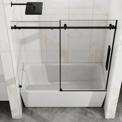 Porte de douche coulissante l 60 po x H 58 po, verre trempé transparent de 1/4 po de 6 mm d'épaisseur, cadre en acier de haute qualité, porte coulissante silencieuse et étanche, porte noire mate avec revêtement résistant, acier inoxydable
