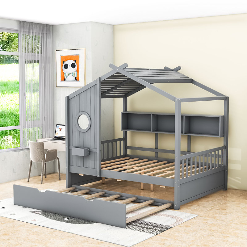 Lit en bois avec lit gigogne simple et tablettes de rangement, Double , Gris