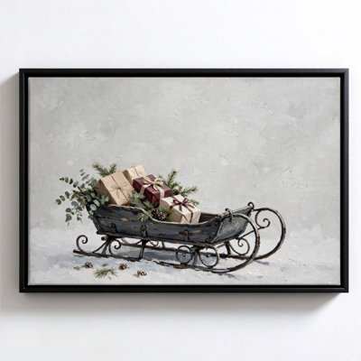 Traîneau de Noël avec cadeaux emballés, tableau sur toile encadré en noir, 50 x 75 cm, décoration murale moderne pour salon et chambre