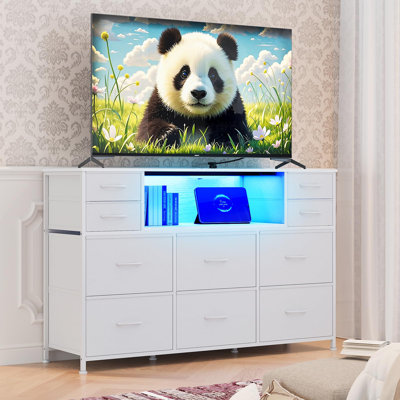 10 Drawer Fabric Dresser, TV Stand with RGB LED Lights & Power Outlet for 45"-55" TV