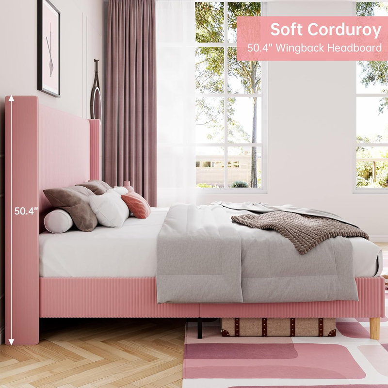 Upholstered Corduroy Bed Frame, Bed Frame with Wingback Headboard, Full, Pink