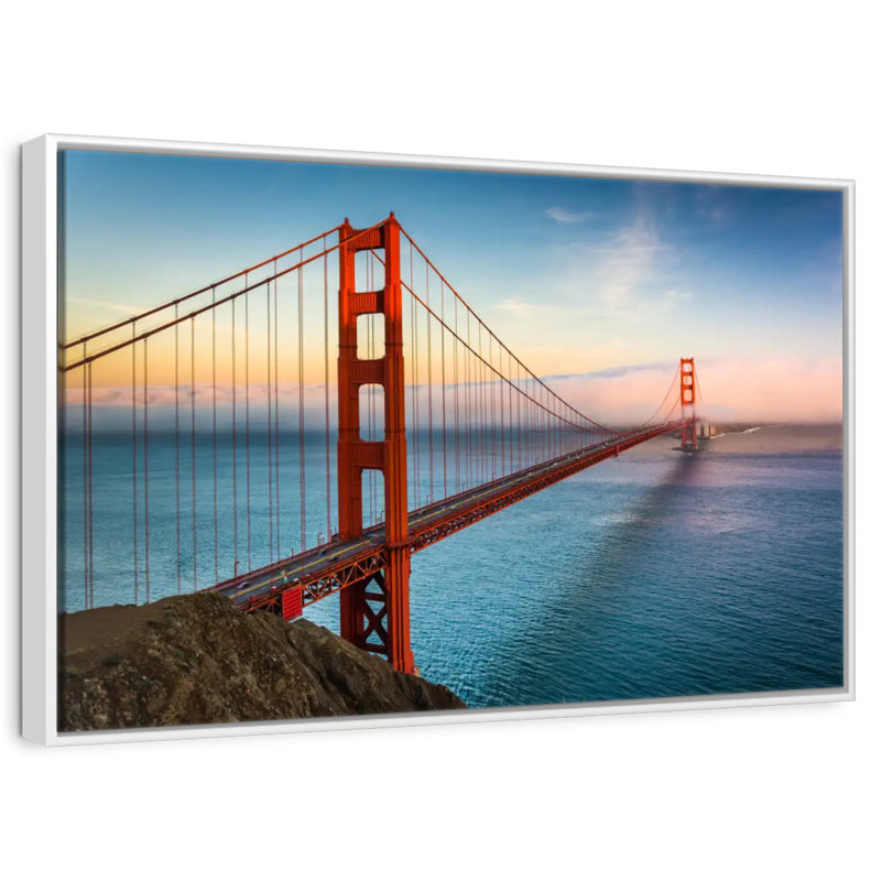 Golden Gate, lever de soleil sur l'océan, Cadre flottant blanc, 46 po x 31 po