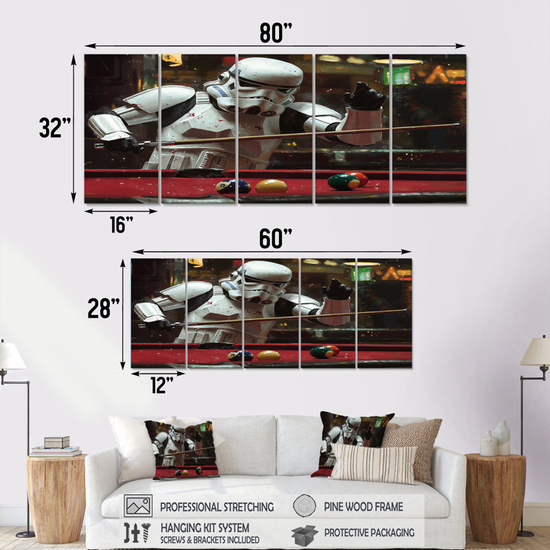 White Stormtrooper jouant au billard I - ensemble d'art mural en toile de billard, H 32 po x l 80 po