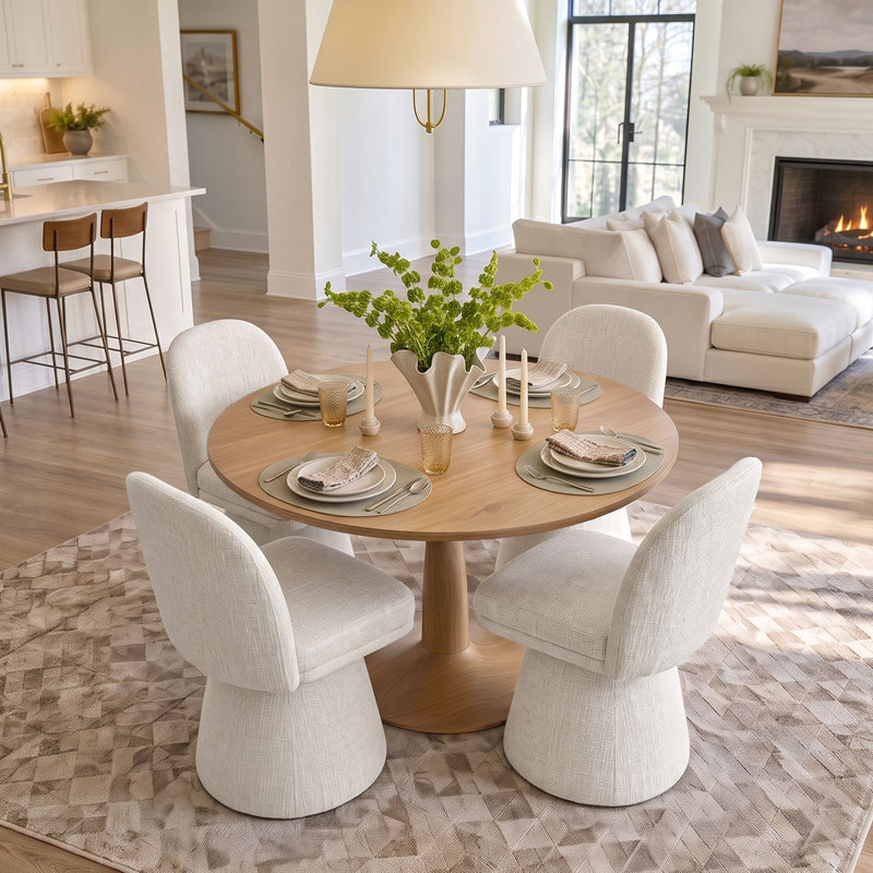 Ensemble de table de salle à manger pour 4 personnes avec table ronde et 4 chaises pivotantes rembourrées en tissu, Beige
