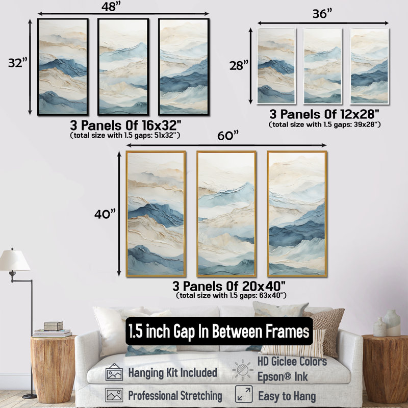 Minimalisme gris et bleu, brise de montagne, Cadre flottant noir, H 40 po x l 60 po x P 1 po