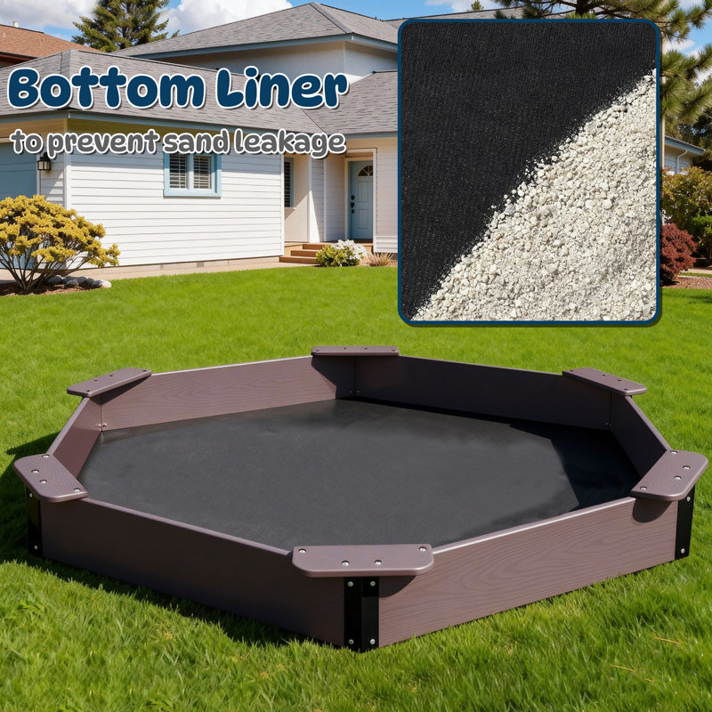 Grand bac à sable Hdpe 78,3 po x 8,4 po avec 6 bancs, bac à sable extérieur hexagonal avec couvercle, Coffee