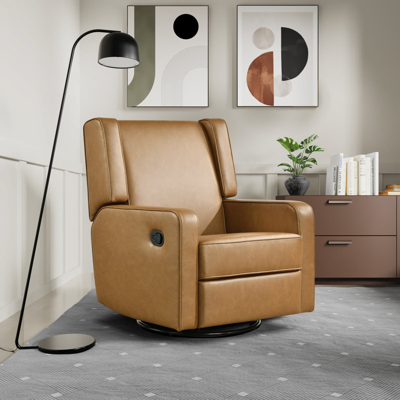 Mandie 37.4" Wide Swivel Rocking Manual Recliner in Faux Leather, Caramel