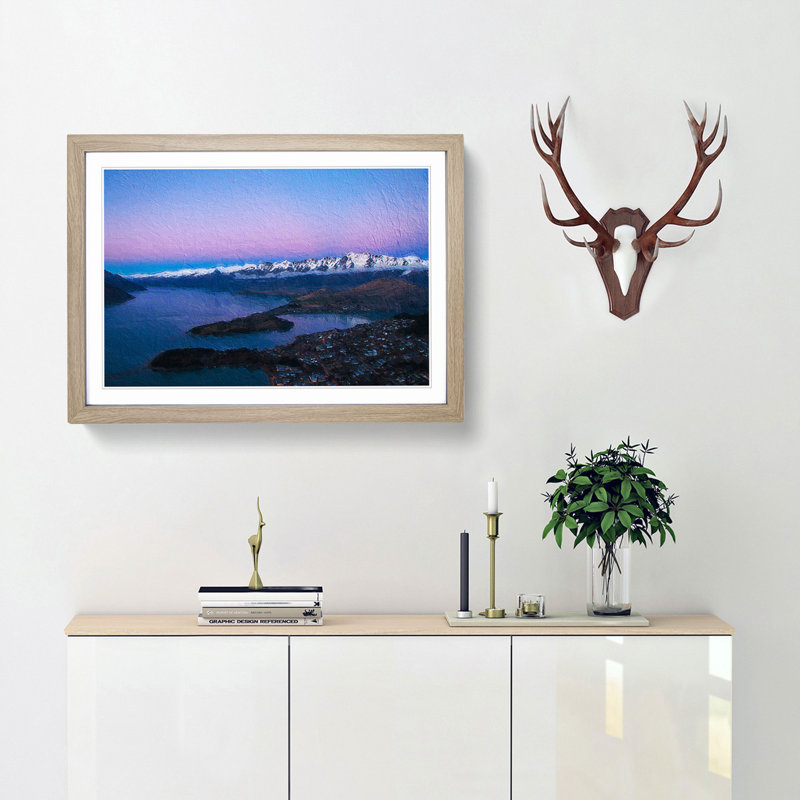 Lake in Queenstown New Zealand - Picture Frame Painting Print, 27cm H x 36cm W x 2cm D, Oak Framed