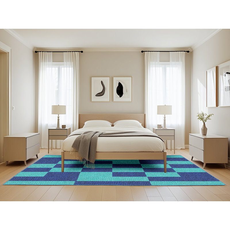 Tapis bleu/vert léger tissé à la machine, Rectangle 5 pi x 8 pi