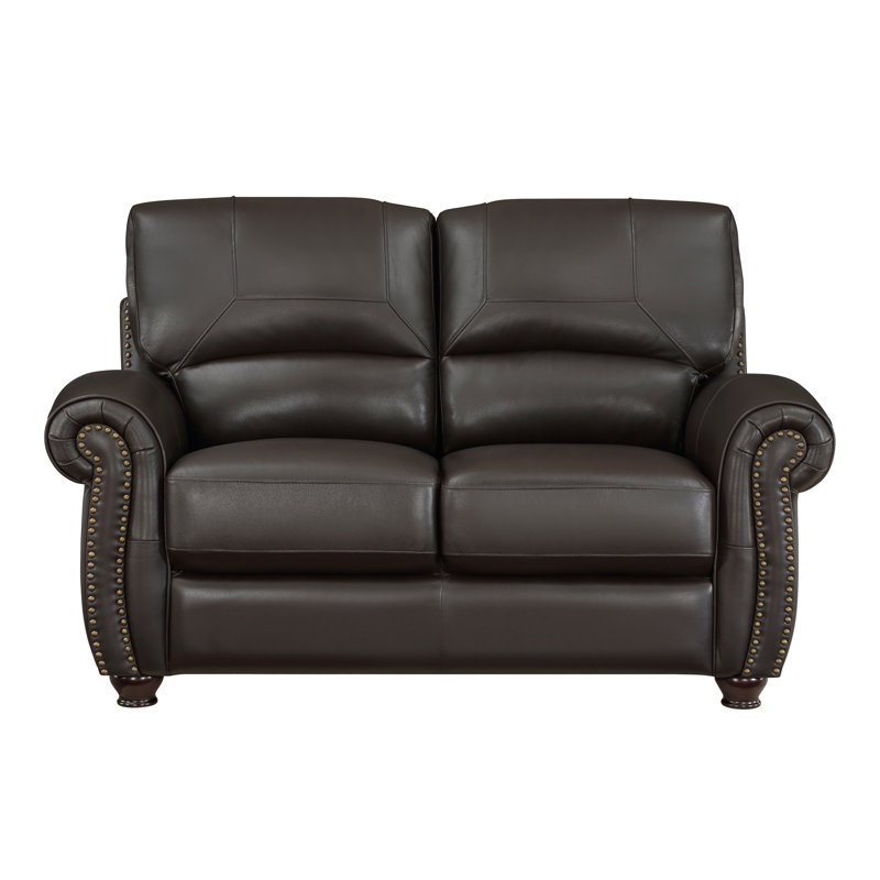 Causeuse en cuir brun foncé avec accoudoirs roulés et garniture cloutée 1pc