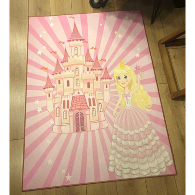 Tapis rectangulaire rose / crème en polyester tissé à la machine Maher