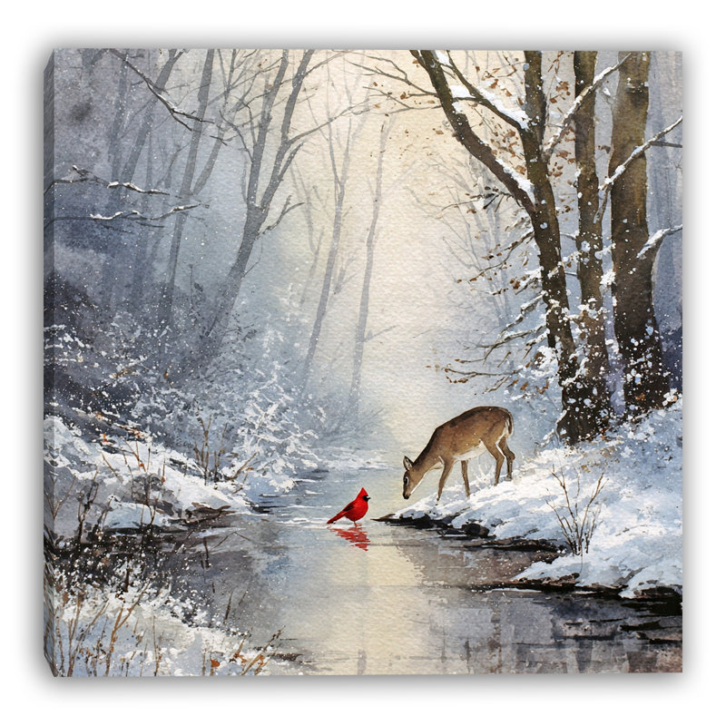 «Cardinal and Deer» par Creek, art mural sur toile tendue, H 30 po x l 30 po