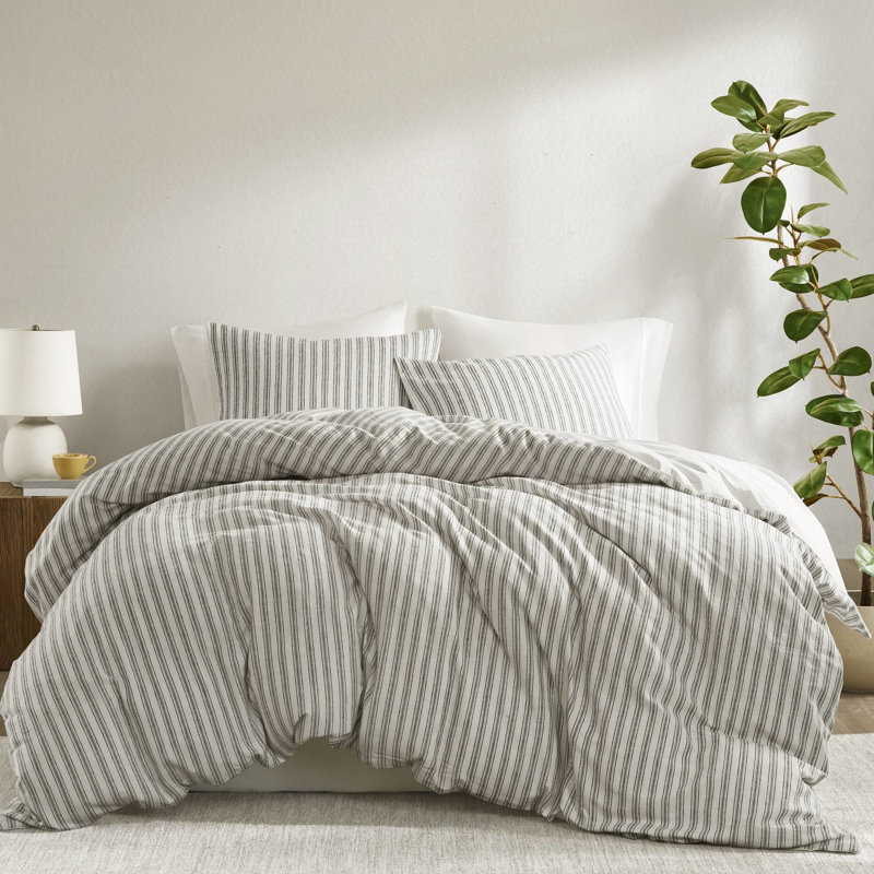 Ensemble de couette gris 3 pièces pour lit Queen, mélange coton-lin-rayonne, confort toutes saisons, design soigné, tissu naturel doux, respirant et lavable à la machine à rayures