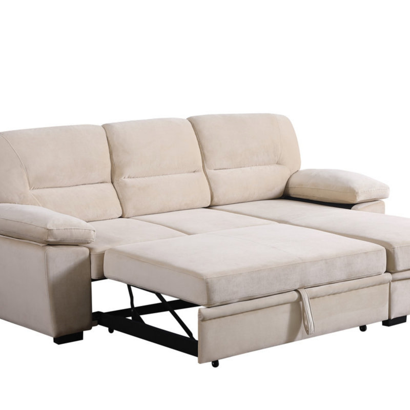 Velvet Fabric Reversible Sleeper Sectional Sofa Chaise, Beige