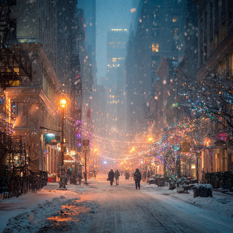 Holiday Night Urban Walk Wrapped Canvas Wall Art, 40" x 40"