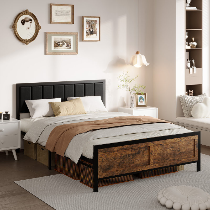 Bed Frame With Headboard Metal Platform Bed , No Box Spring Needed,Vintage Brown, Full