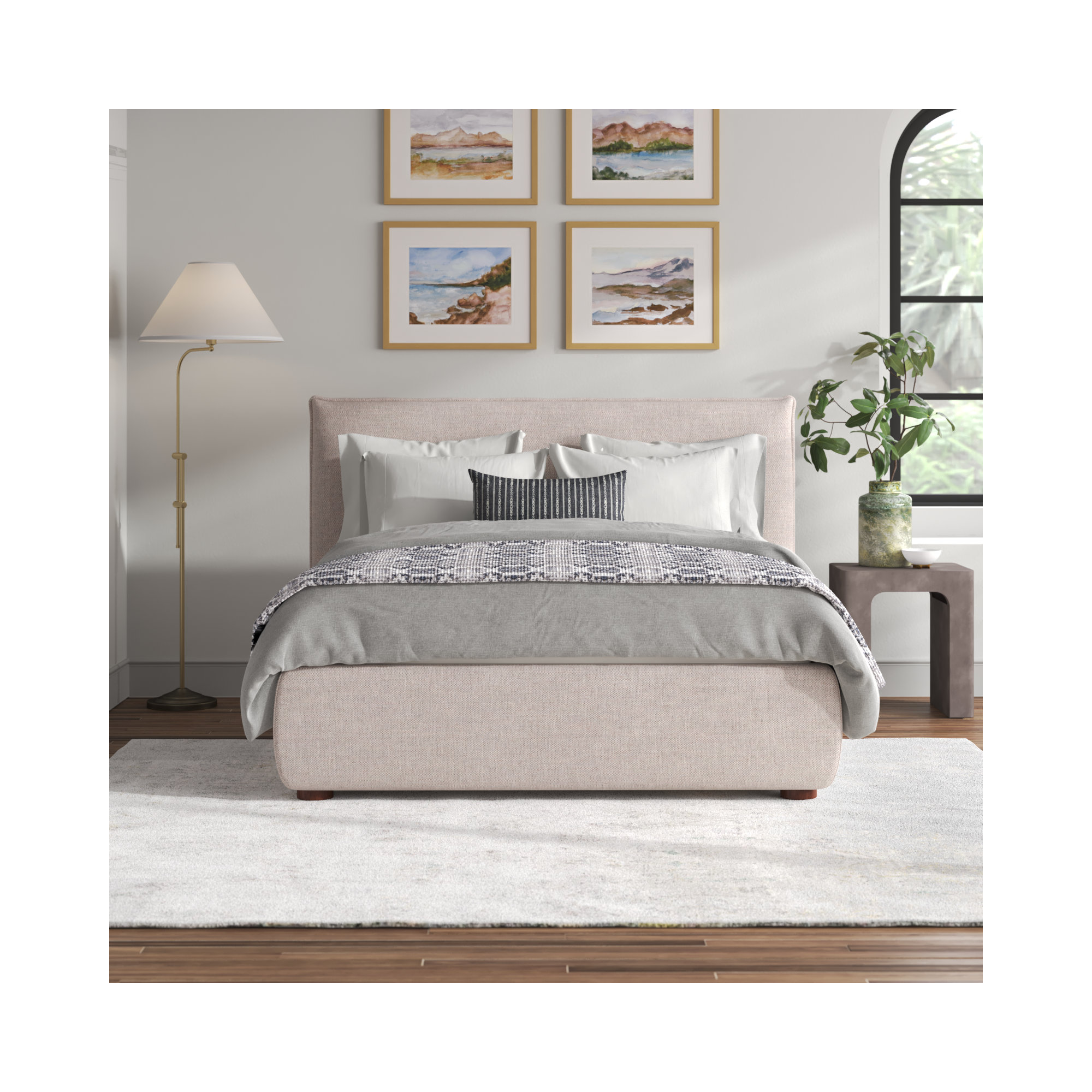 Timothy Upholstered Low Profile Platform Bed, Wheat Basketweave, 45.5, Queen