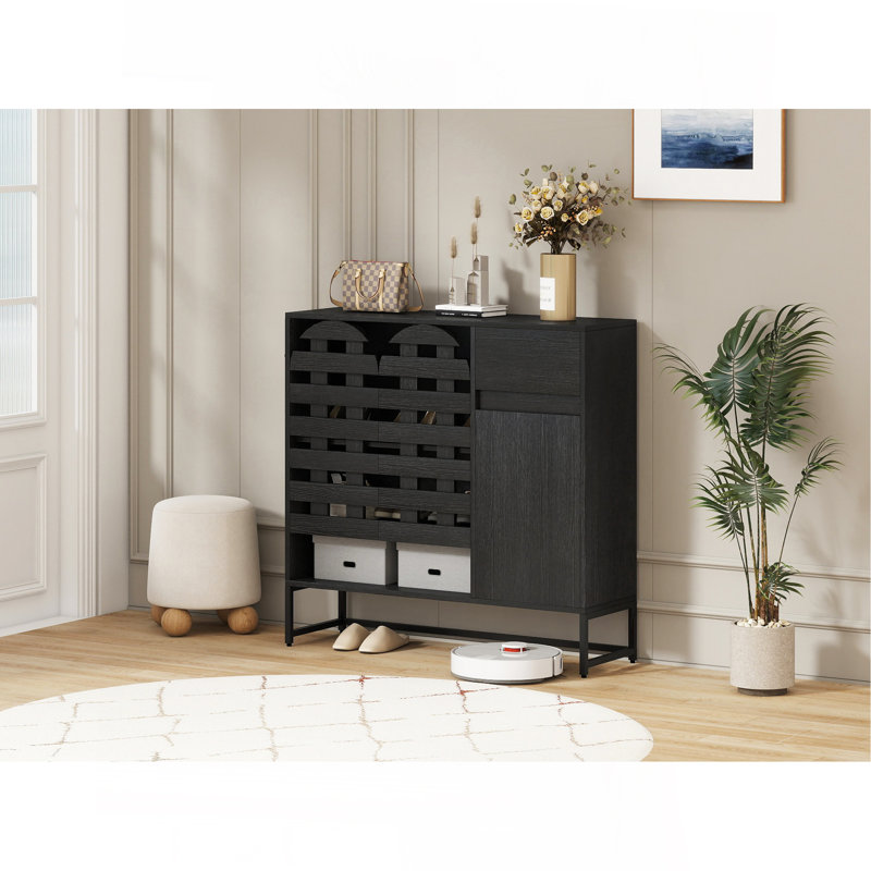 Armoire de style campagnard 44,3 po avec rangement, console de bar avec rangement, armoire de rangement rustique avec portes en treillis arquées et tiroir - pour le salon, la cuisine, le vestibule rétro