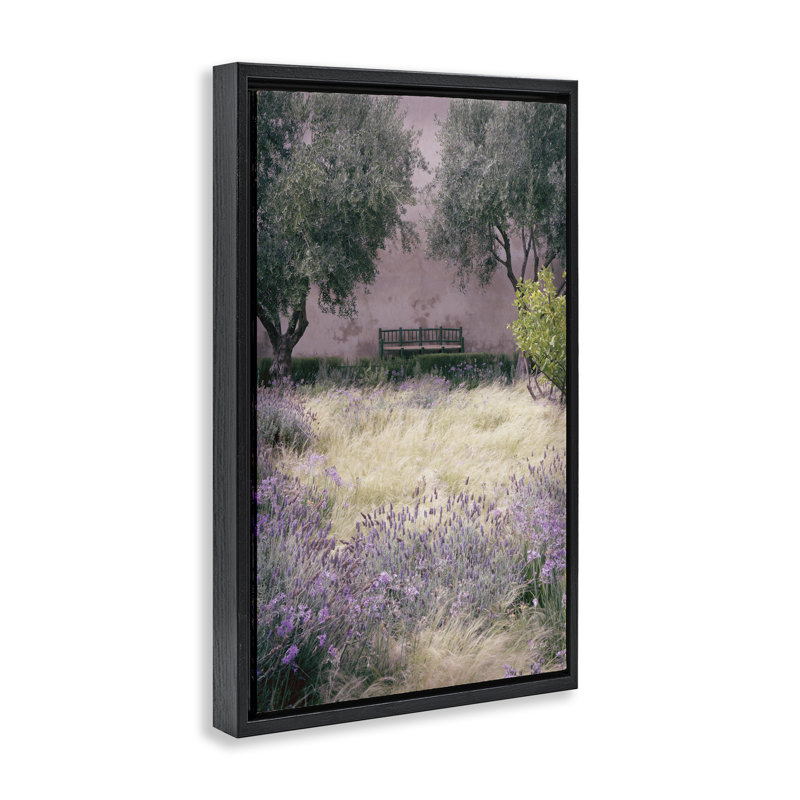 «Bench Amidst Natural Garden», art mural par Deborah Revell, Cadre flottant noir de jais, H 25 po x l 17 po