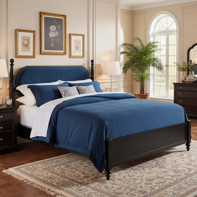 Lit plateforme élégant, aucun sommier requis, mobilier de chambre moderne, Grand lit, Noir / bleu marine