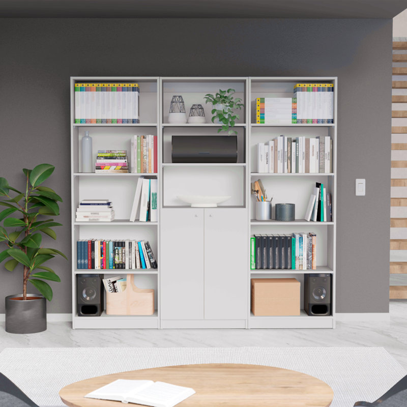 Ensemble de bibliothèque trois pièces, d'une largeur de 74 po avec 13 tablettes et une armoire à deux portes, ensemble de salon
