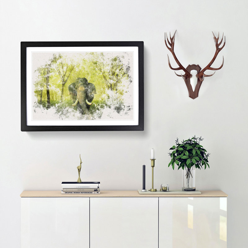 Marvellous Elephant in a Green Forest - Framed Print, 24cm H x 33cm W x 2cm D, Black Framed