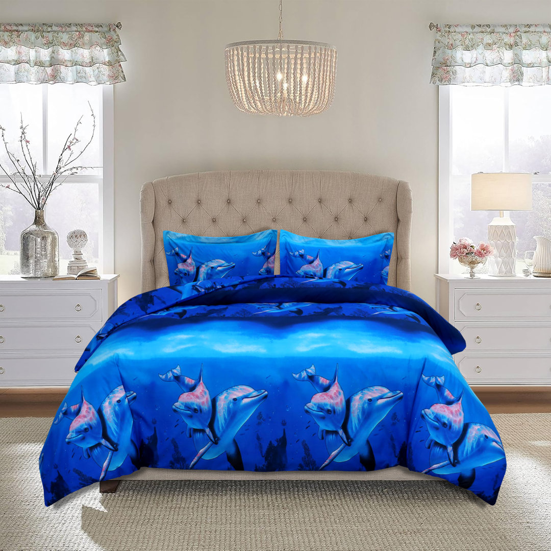 Aspire Homeware 3D Dolphin Printed Complete Bedding Set With Pillowcases & Fitted Sheet
