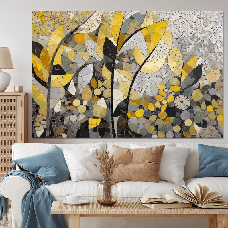 Motifs jaunes et gris en fusion artistique - mosaïques murales Boho