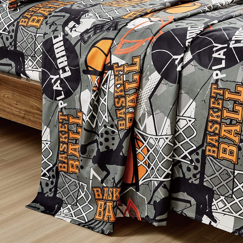 Full Gray and Orange Basketball Print Microfiber Sheet Set