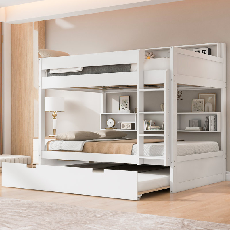 Nelson Wood Bunk Bed with Trundle & Built-In Storage Shelves, Twin Over Twin, White