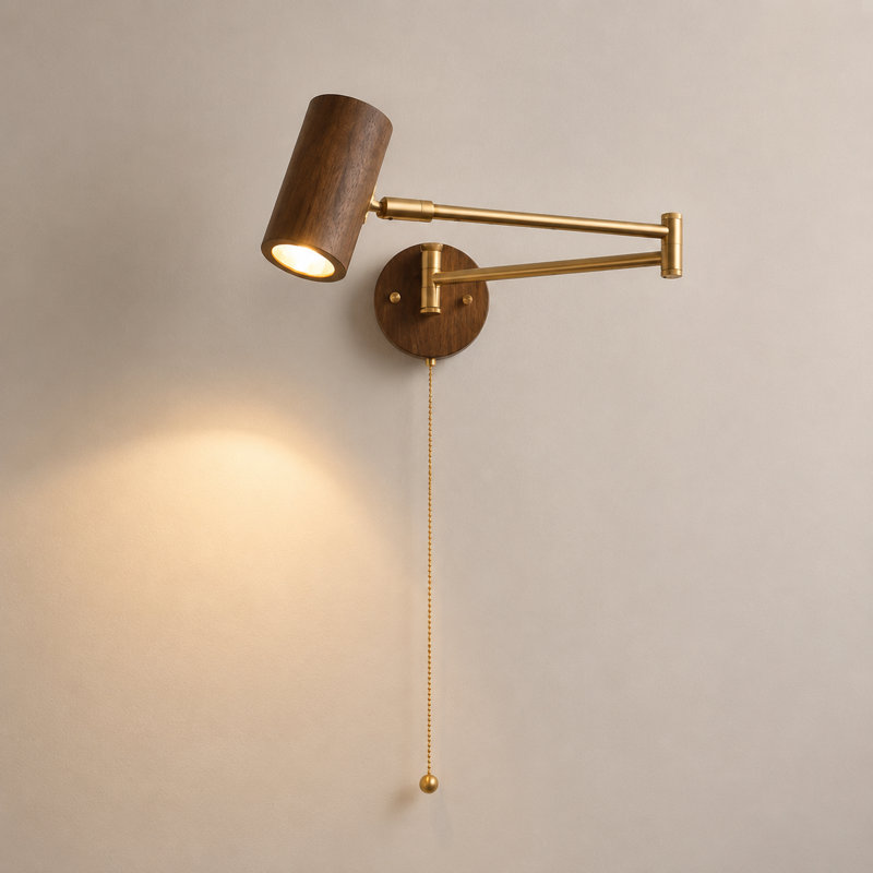 Walnut Swing Arm LED Wall Reading Light with Pull Chain